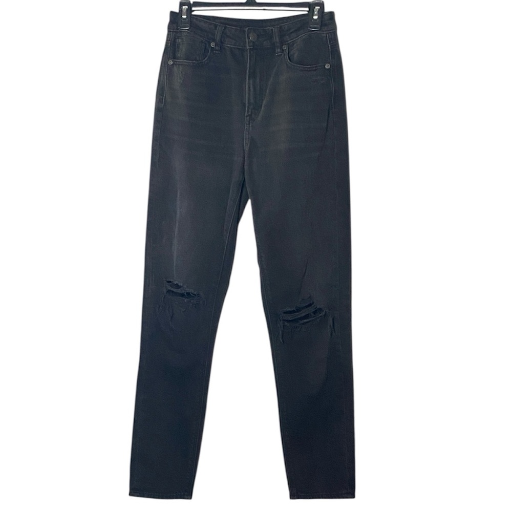 American Eagle Mom Jeans Women's 2 LONG Black Distressed Comfort Stretch Denim